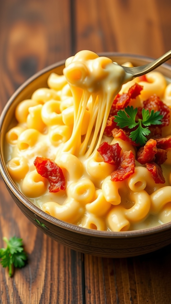 A hearty bowl of four cheese bacon mac and cheese, with gooey cheese and crispy bacon bits, garnished with parsley.